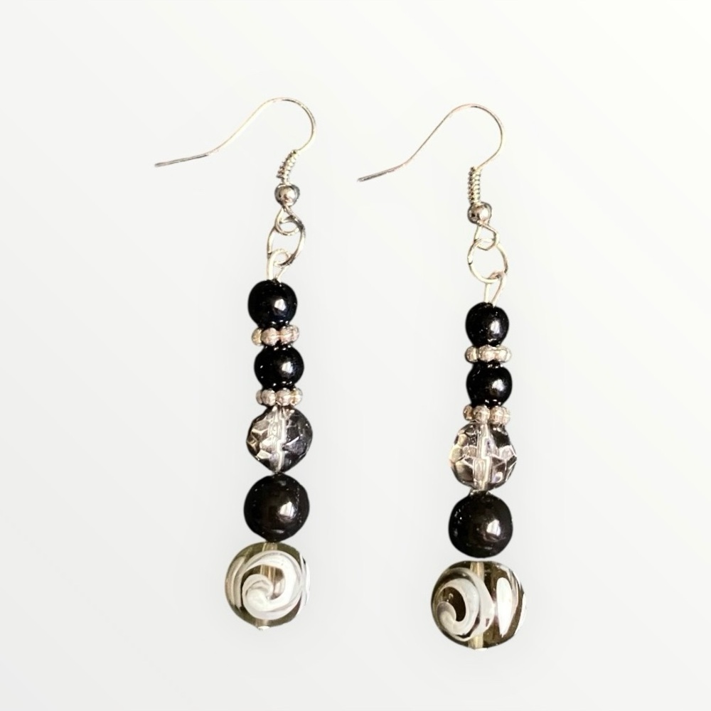 Handmade Black & Grey Patterned Beaded Dangle Drop Earrings